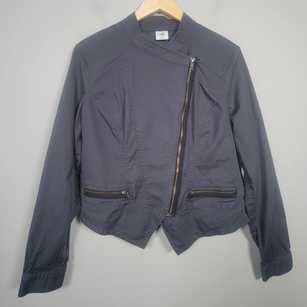 Cabi Womens M Moto Jacket Gray Asymmetrical Zip Cotton Spandex Blend